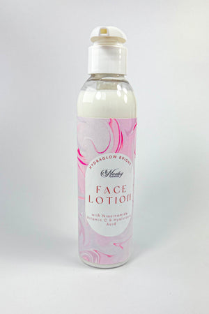 Face lotion bottle with pink floral design on a white background