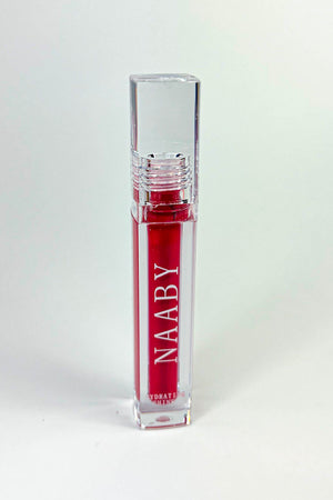 Red lip gloss with clear casing labeled 'NAABY' on a white background.CLAY MUSE MATTE LIPSTICK