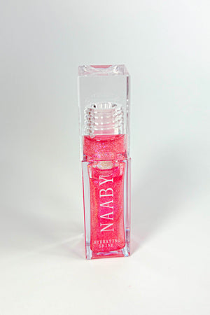 Pink lip gloss with 'NAABY' branding on a white background-Cinnamon Bun  Long-Lasting Hydrating Lip Gloss