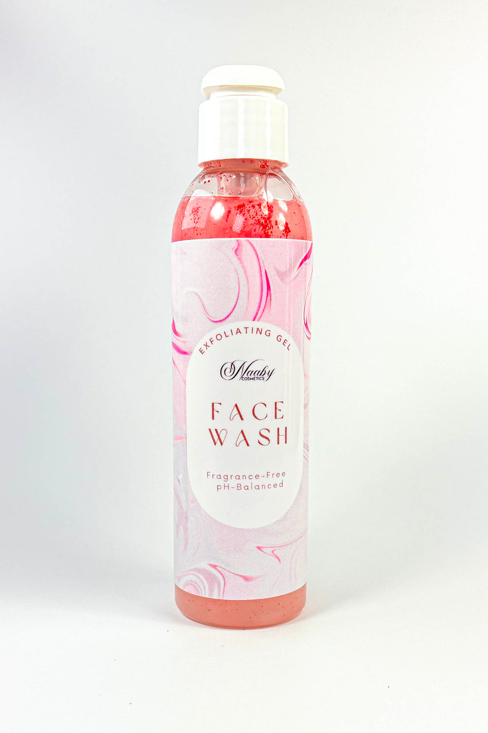 Bottle of face wash with pink and white design on a white background-Clarifying Deep-Clean Gel Cleanser