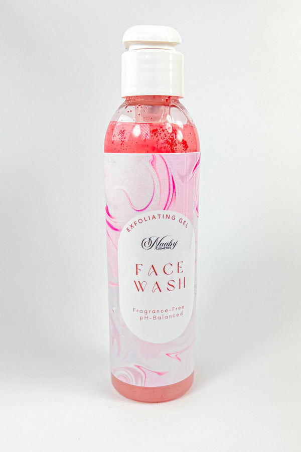 Bottle of face wash with pink and white design on a white background-Clarifying Deep-Clean Gel Cleanser