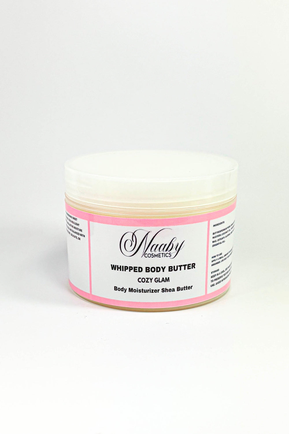 Jar of Naaby Cosmetics whipped body butter on a white background. Cozy Glam – Whipped Body Butter