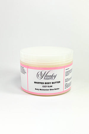 Jar of Naaby Cosmetics whipped body butter on a white background. Cozy Glam – Whipped Body Butter