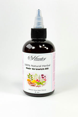 Bottle of 100% Natural Herbal Hair Growth Oil with a white label on a light gray background. Extra Strength Herbal Growth Oil – Chebe, Moringa & Ayurvedic