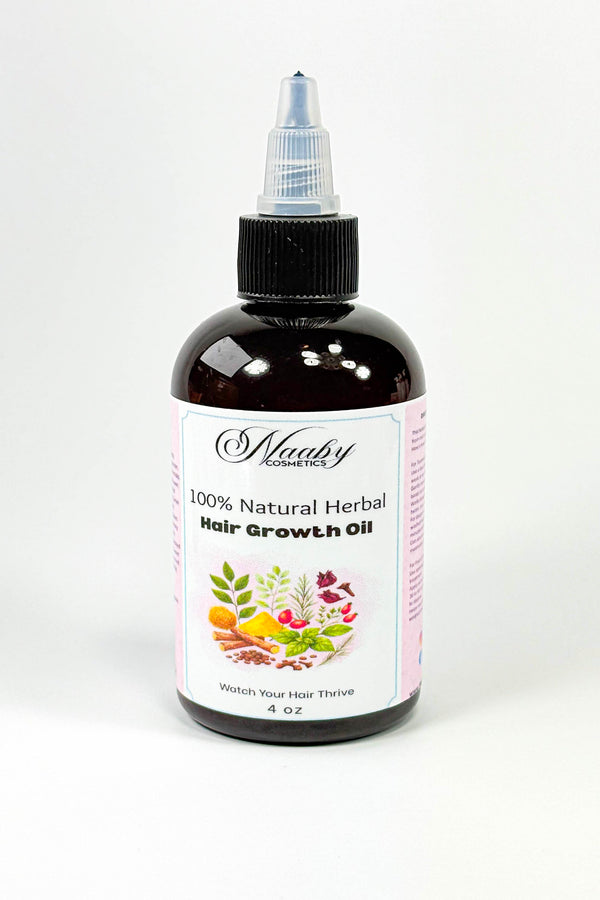 Bottle of 100% Natural Herbal Hair Growth Oil with a white label on a light gray background. Extra Strength Herbal Growth Oil – Chebe, Moringa & Ayurvedic