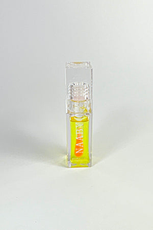 Small clear bottle with yellow liquid labeled 'NAABY' on a white background-Golden Glow color changing lip oil