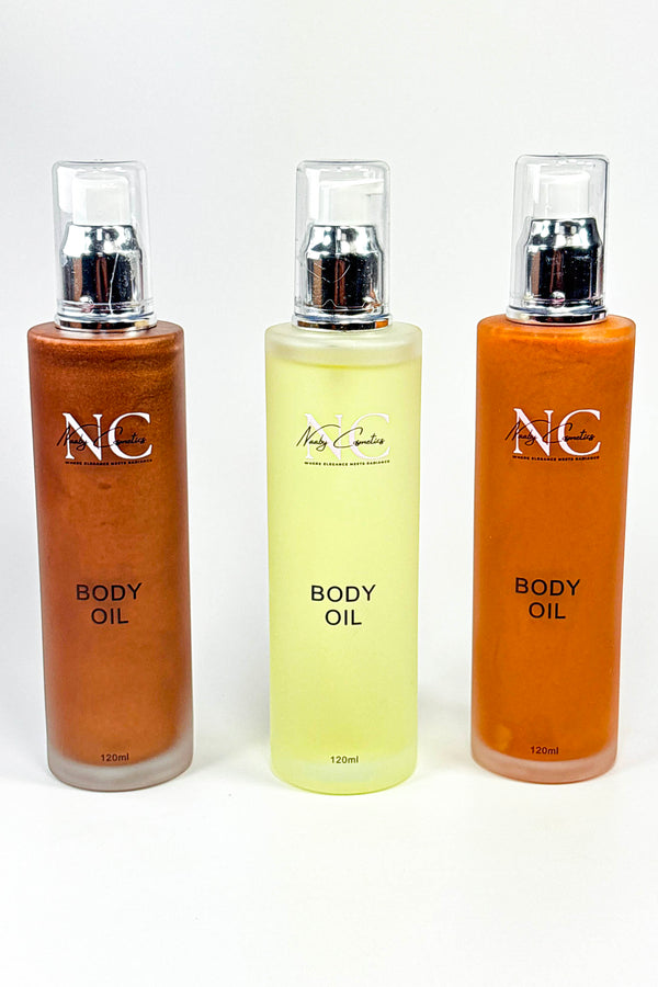 Three bottles of body oil with 'Naaby Cosmetics' branding on a white background.Naaby Cosmetics  Body Oils