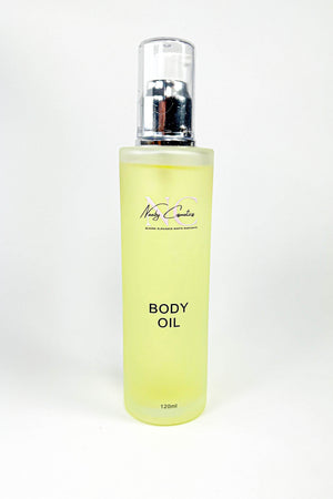 Body oil bottle with a pump on a white background.Naaby Cosmetics Clear Body Oil 
