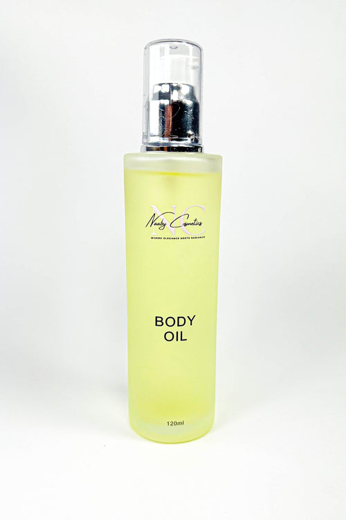 Body oil bottle with a pump on a white background.Naaby Cosmetics Clear Body Oil 