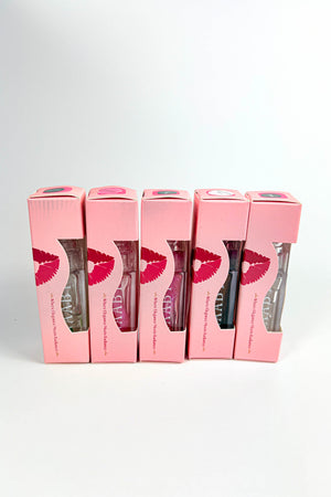 Five pink boxes of lip gloss with visible product inside on a white background