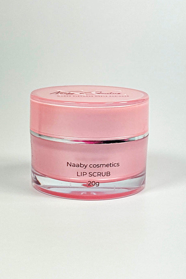 Pink lip scrub jar with 'Naaby cosmetics' branding on a light gray background