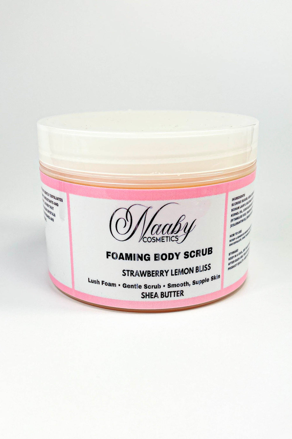 Jar of Maaby Cosmetics foaming body scrub with pink label on a white background