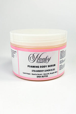 Jar of Maaby Cosmetics foaming body scrub with pink label on a white background