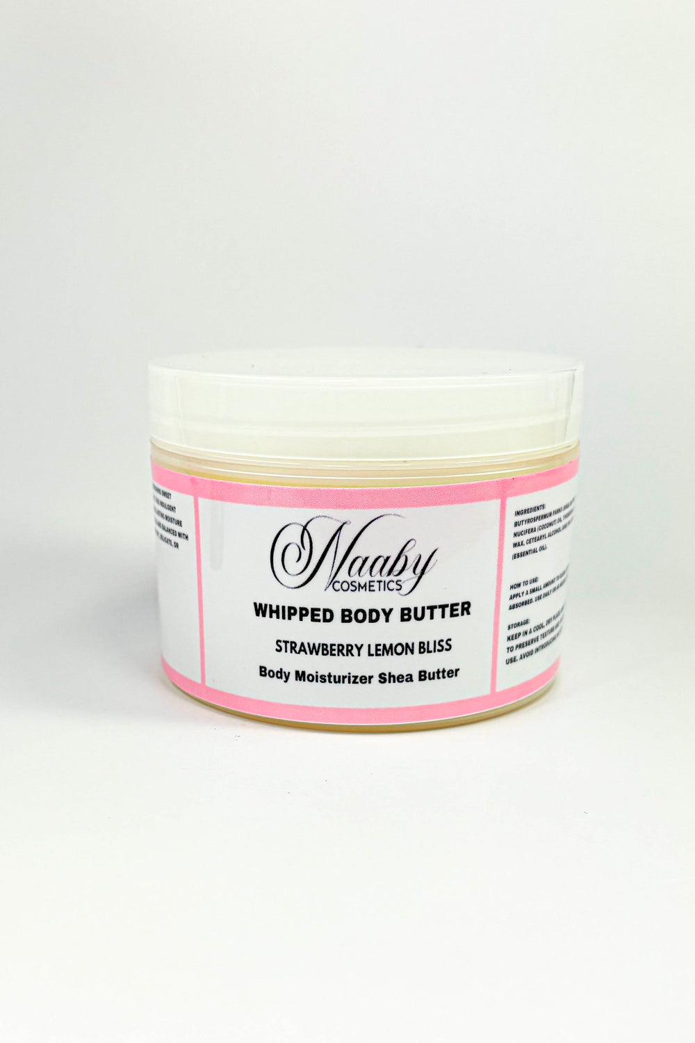 Jar of Naaby Whipped Body Butter with pink label on a white background