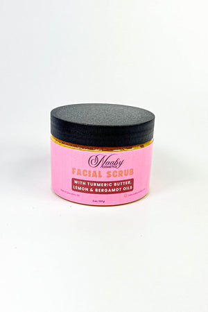 Pink facial scrub jar with black lid on a white background-Turmeric Glow Scrub – Brightening Turmeric Sugar Scrub for Dark Spots