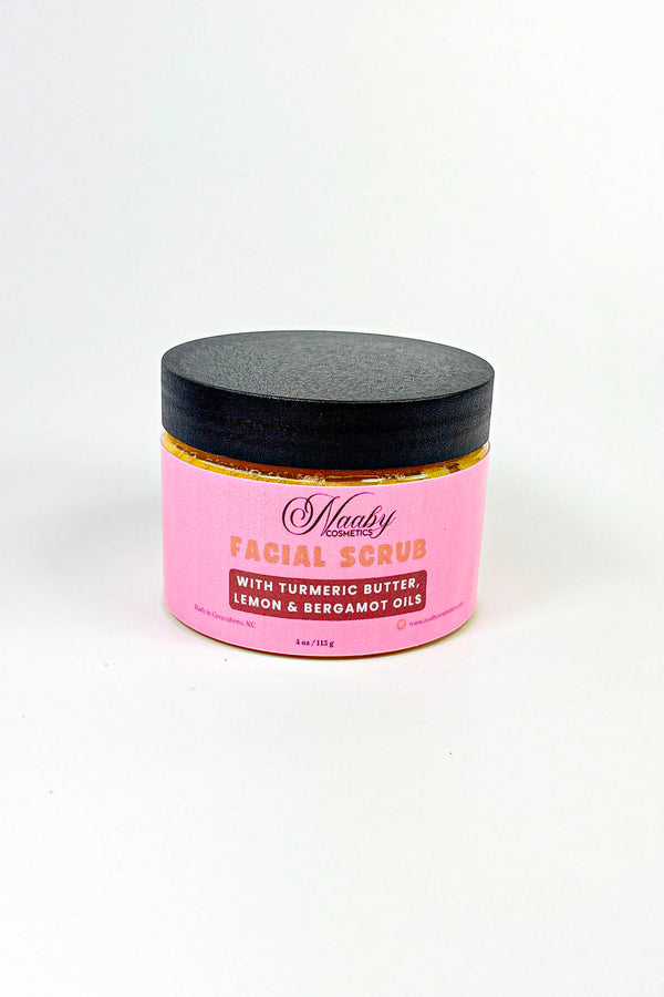 Pink facial scrub jar with black lid on a white background-Turmeric Glow Scrub – Brightening Turmeric Sugar Scrub for Dark Spots