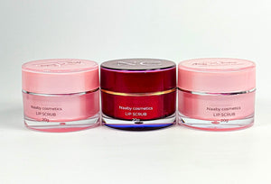 Three jars of Naaby cosmetics lip scrub on a white background