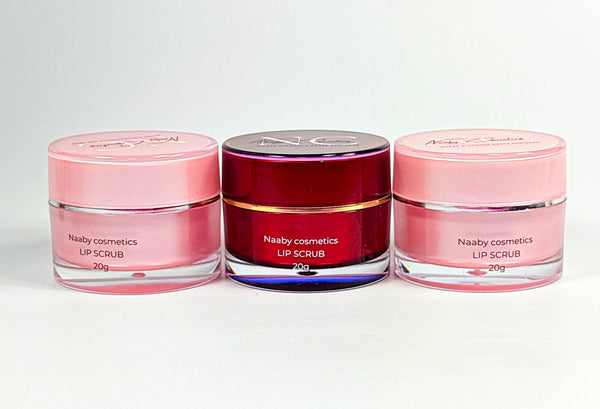 Three jars of Naaby cosmetics lip scrub on a white background