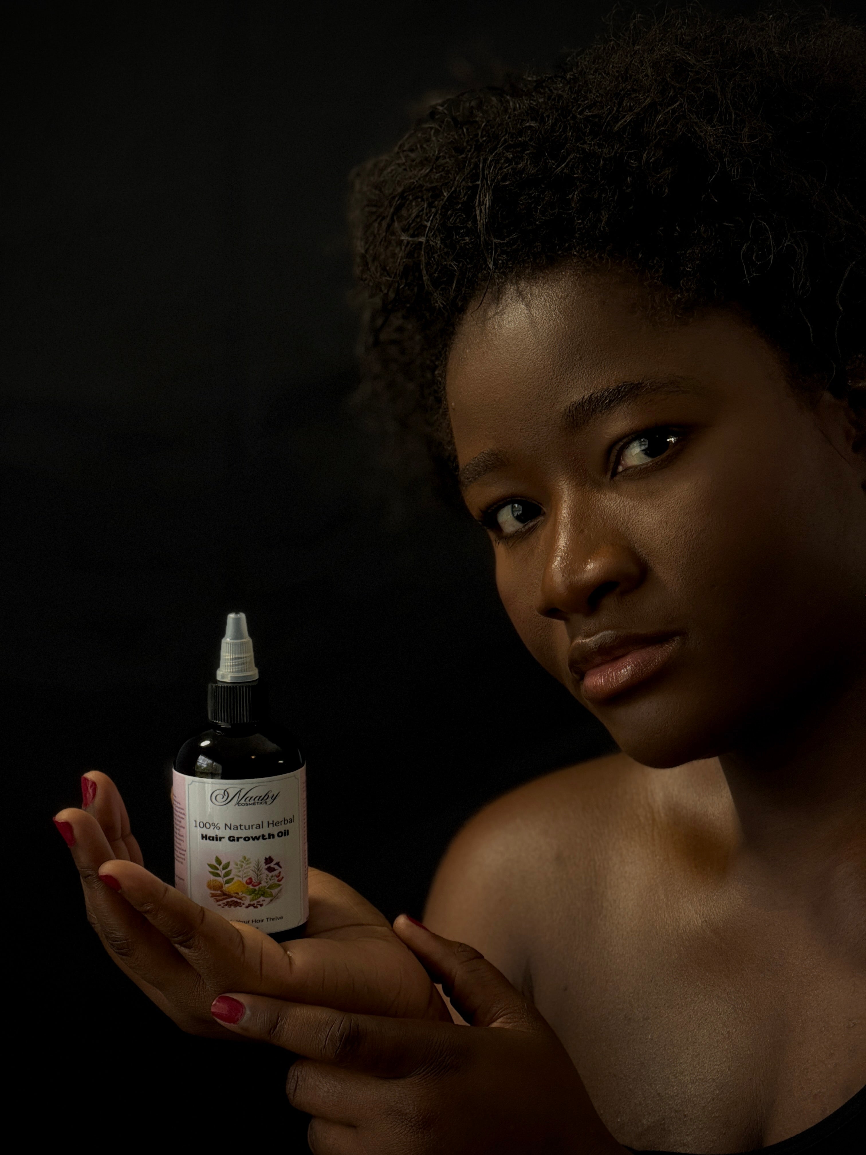 Woman holding a bottle of 'White Flower' product against a dark background